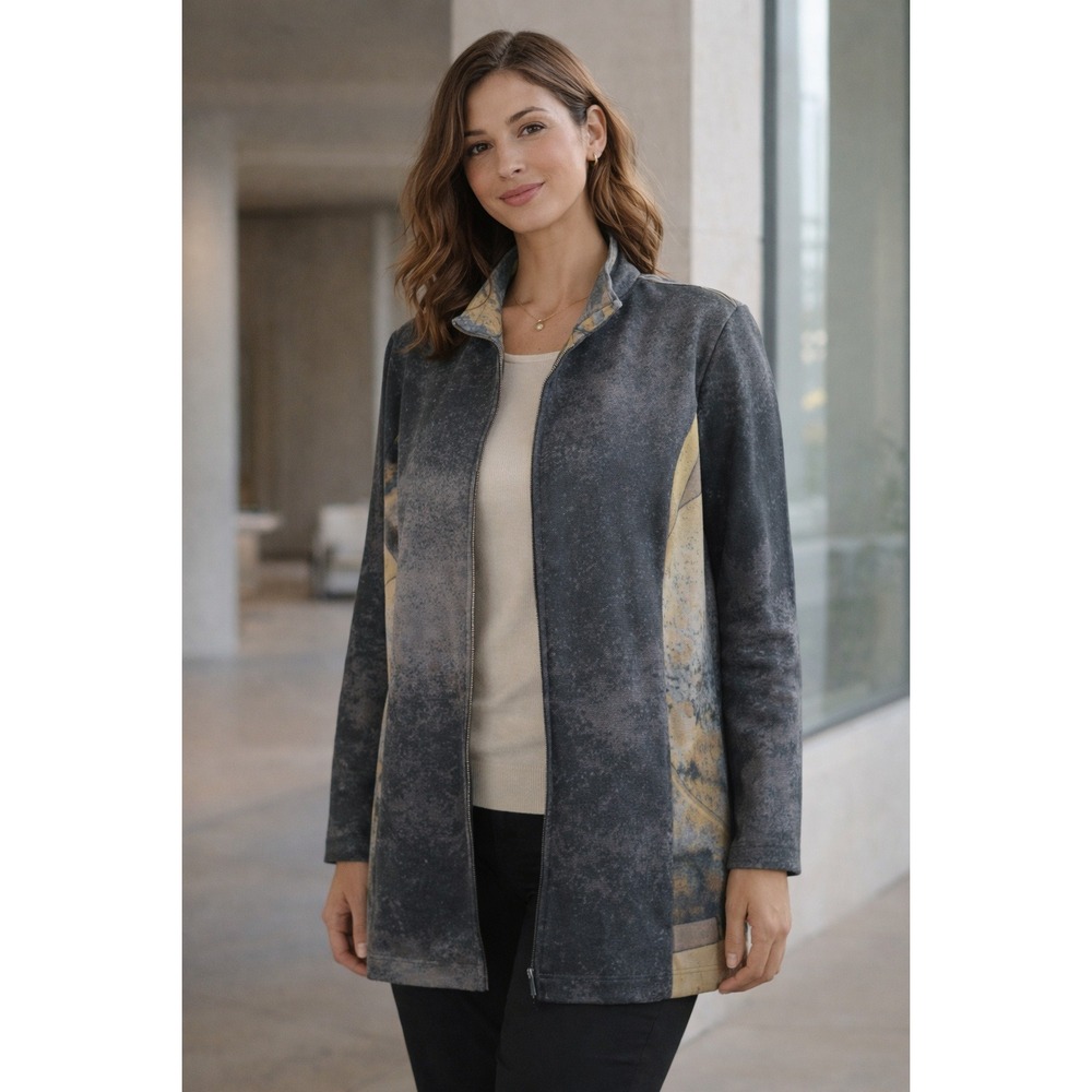Ali Miles Abstract Print Jacket Full Zip Long Sleeve Gray Yellow 1X